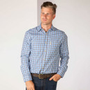 Front view of a man wearing a blue and white checked long sleeve shirt, styled with dark jeans and a brown belt.