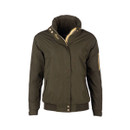 Product-only front view of the khaki bomber jacket with high collar, zip fastening and ribbed hem.
