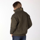 Rear three-quarter view of the model wearing the khaki jacket, highlighting the back and sleeve pocket.