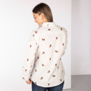 Back view of the cream shirt featuring an all-over Highland cow print and relaxed fit.