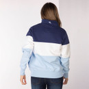 Back view of the sweatshirt showing the navy, white and light blue colour-block design and relaxed fit.