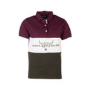 Front flat lay of the colour-block polo shirt highlighting the Highland cow graphic and “Est. 1954” text.