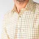 Close-up of the shirt collar and button placket showing the fine checked pattern and fabric detail.