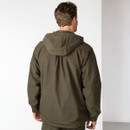 Rear view of the dark olive shooting smock showing the hood and clean back design.