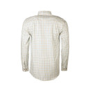 Rear view of the checked shirt showing the back yoke, full-length sleeves and classic tailored fit.