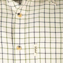 Close-up of the fabric highlighting the cream base with green and navy check pattern, branded buttons and chest label detail.