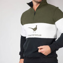 Close-up of the upper chest and collar, showing the quarter-zip fastening and colour-block design.