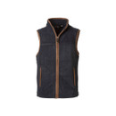 Children’s navy fleece gilet with tan trim, full zip front and two zipped pockets, shown from the front.