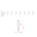 Size guide chart showing calf widths, boot heights and heel heights by size, alongside a diagram illustrating calf width, boot height and heel height measurements.
