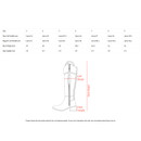 Size guide chart for boots showing calf widths, boot height and heel height measurements with diagram.