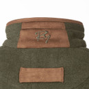 Close-up of khaki fleece gilet back collar showing brown trim and embroidered logo detail.