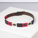 Children’s leather polo belt with red, navy and cream woven pattern, reverse view showing full design.
