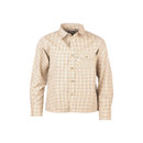 Children’s beige country check long-sleeve shirt with button front and chest pocket, front view.