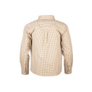 Rear view of children’s beige country check long-sleeve shirt with pleated back detail.