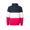 Rear view of children’s navy, white and bright pink colour-block sweatshirt with high collar and embroidered logo.