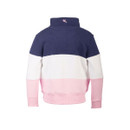 Rear view of children’s navy, white and pale pink colour-block sweatshirt with high collar and small embroidered logo.