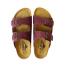 Top view of burgundy double-strap sandals showing contoured footbeds and branded insole