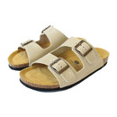 Pair of cream suede double-strap sandals with adjustable metal buckles and cork footbed