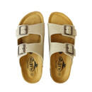 Top view of cream double-strap sandals showing contoured footbeds and branded insole