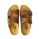 Top view of brown buckle sandals showing contoured insoles and Plakton branding