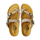 Top view of beige strappy sandals with toe loop design and Plakton branded insoles