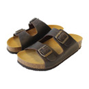 Dark brown leather double strap sandals with adjustable metal buckles and cork footbed