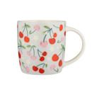 White ceramic coffee mug with cherry print and green stems isolated on white background, cute fruit design kitchen mug