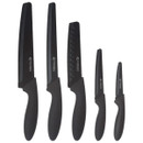 Set of five black kitchen knives with ergonomic handles including chef knife, bread knife and utility knives, isolated on white background