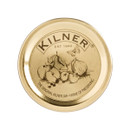 Gold Kilner preserve jar lid with embossed text “Kilner Est 1842” and illustrated fruit design, metal canning lid isolated on white background