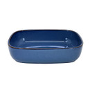 Blue rectangular ceramic casserole dish side view with smooth glazed finish and rounded edges, minimalist bakeware isolated on white background