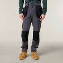Front view of grey and black Hard Yakka work trousers with multiple utility pockets and reinforced knee panels.