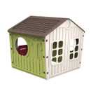 Rear angled view of children’s play house showing green panel with round window, picket fence detail and side windows