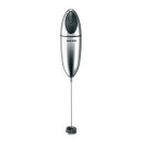 Silver Salter handheld electric milk frother shown upright, with a slim metallic body, black power button on top, and a long whisk attachment with a coiled head.