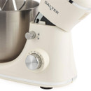 Close-up of the Salter stand mixer controls, showing the speed dial and lock mechanism on the cream body.