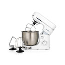 White Salter stand mixer with flat beater attachment fitted, with whisk and dough hook displayed alongside the stainless steel bowl.