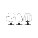 Three interchangeable mixer attachments including flat beater, dough hook and whisk displayed against a plain background.