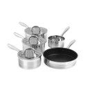 Five-piece stainless steel pan set including saucepans with lids, a milk pan and a non-stick frying pan on a plain background.