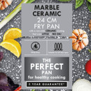 Product graphic showing a 24 cm marble ceramic frying pan with non-stick coating, PFAS-free design and suitability for all hob types.