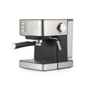 Salter stainless steel manual espresso machine with portafilter and steam wand on a plain background.