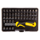 Rolson security screwdriver bit set in open black storage case featuring yellow and black ergonomic handle and neatly organized precision bits, including Torx, hex, spanner, and spline sizes with clearly labeled measurements.