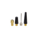Set of air compressor nozzle attachments including brass valve adapter, needle inflator pin, and tapered plastic nozzles for inflating tyres, sports balls, and inflatables, isolated on white background.