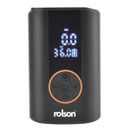 Rolson portable digital tyre inflator air compressor with LED display showing PSI reading and battery level, compact black design with orange control ring and power button, cordless car tyre pump.