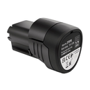 Compact black 12V 2.0Ah power tool battery pack shown horizontally, textured grip casing with visible label reading “Stock No. 27370, Rated voltage 12V – 2.0Ah, DXPULSE series DX12,” including UKCA and CE certification symbols.