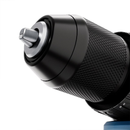 Macro close-up of drill chuck and metal bit holder, textured keyless chuck design for quick bit changes, black steel finish highlighting precision engineering of cordless drill.