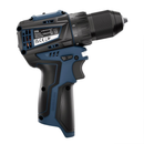 DXPULSE cordless drill driver isolated on white background, compact 12V power drill with keyless chuck, adjustable torque ring (settings 4–10 visible), ergonomic rubber grip, and rear motor ventilation with technical label.