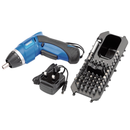 Draper cordless screwdriver set with multiple bits and charger, isolated on a white background.