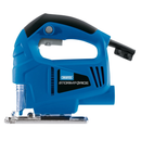 Side view of Draper jigsaw showing ergonomic handle and dust extraction port, isolated on a white background.