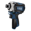 Cordless impact driver in blue and black with compact motor housing and hex chuck, isolated on a white background, branded “DXPULSE”.