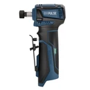 Side profile of a cordless right-angle impact driver with brushless motor, belt clip and LED battery indicator, isolated on a white background.