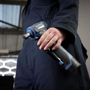 Close-up of a cordless right-angle impact driver held at the side, showing compact design, belt clip and textured ergonomic grip.